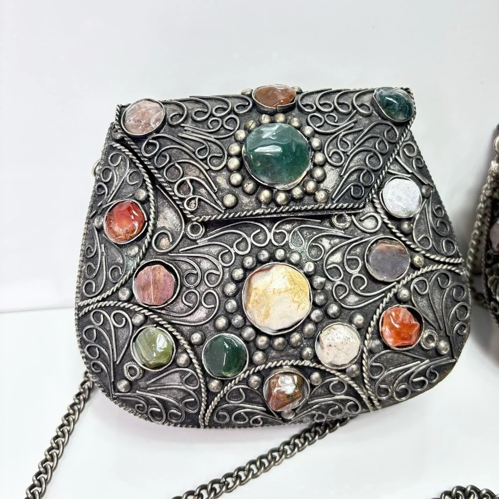 Silver Metal Purse Set 1lb 7oz Sajai Bag - Agate Stones Cocktail 1 NWT + 1 NWOT